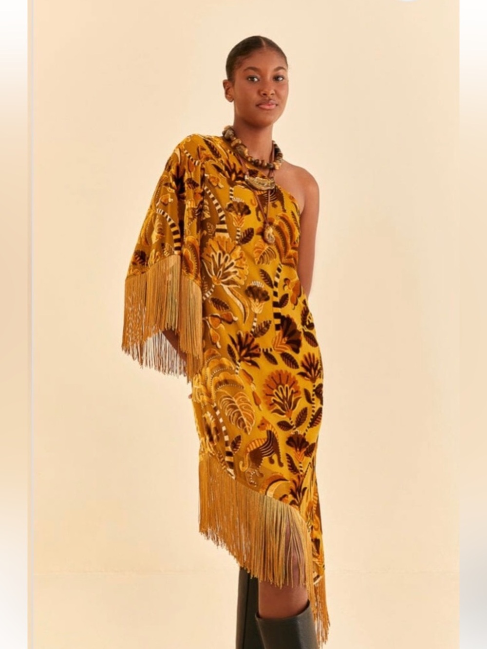 Farm Rio Velvet One-Shoulder Fringe Dress